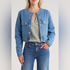 Veronica Beard Quilted Linen Crop Blue Denim Jacket Size Medium, Brand New